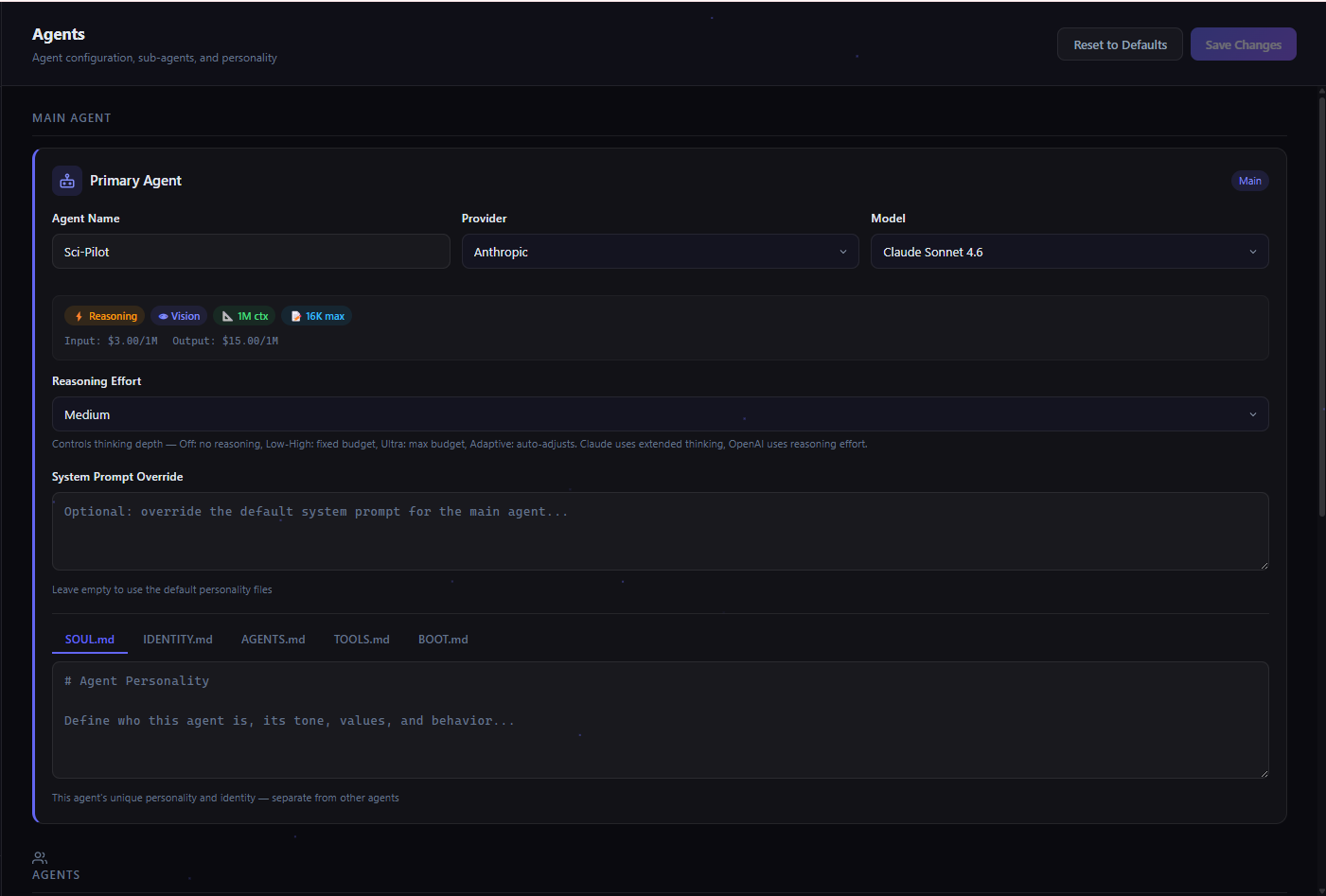 Primary agent configuration