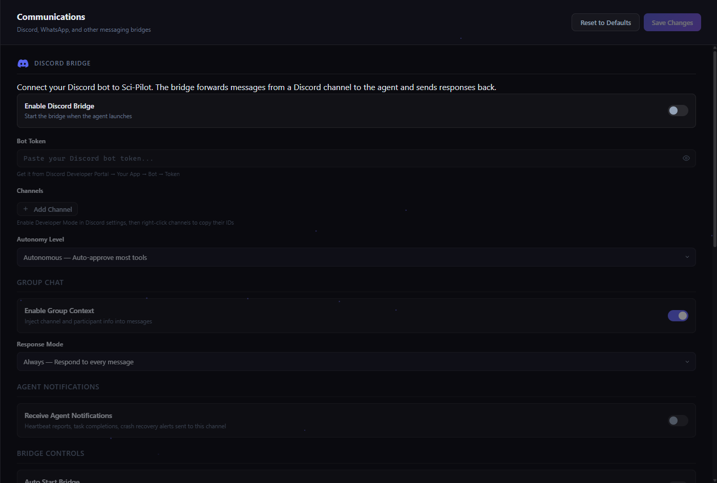 Discord bridge settings