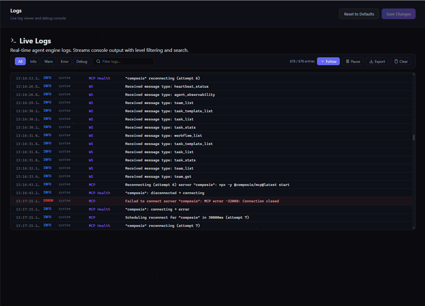 Live logs viewer
