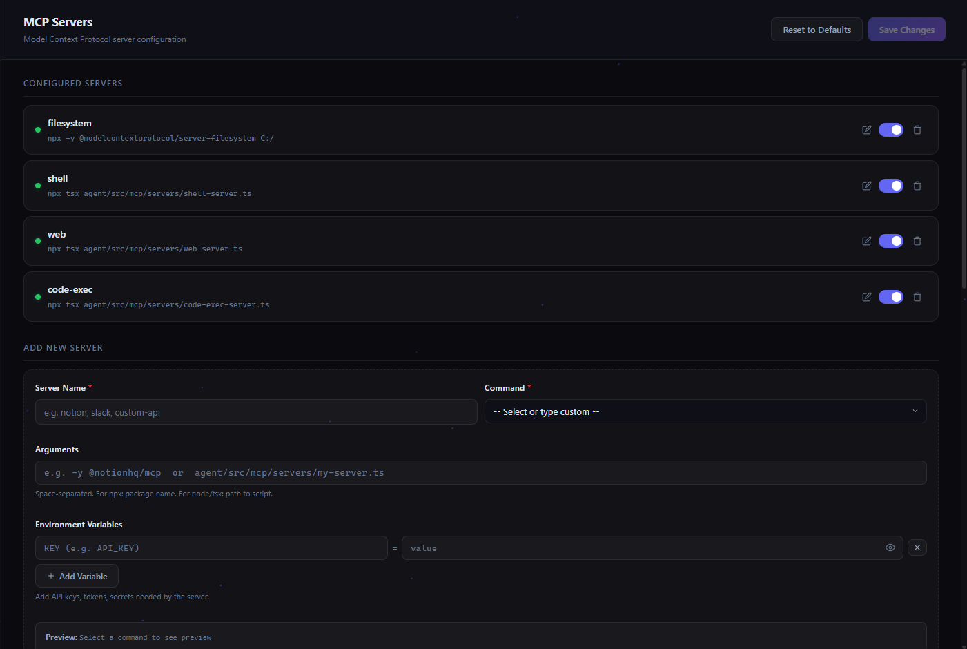 MCP Servers settings