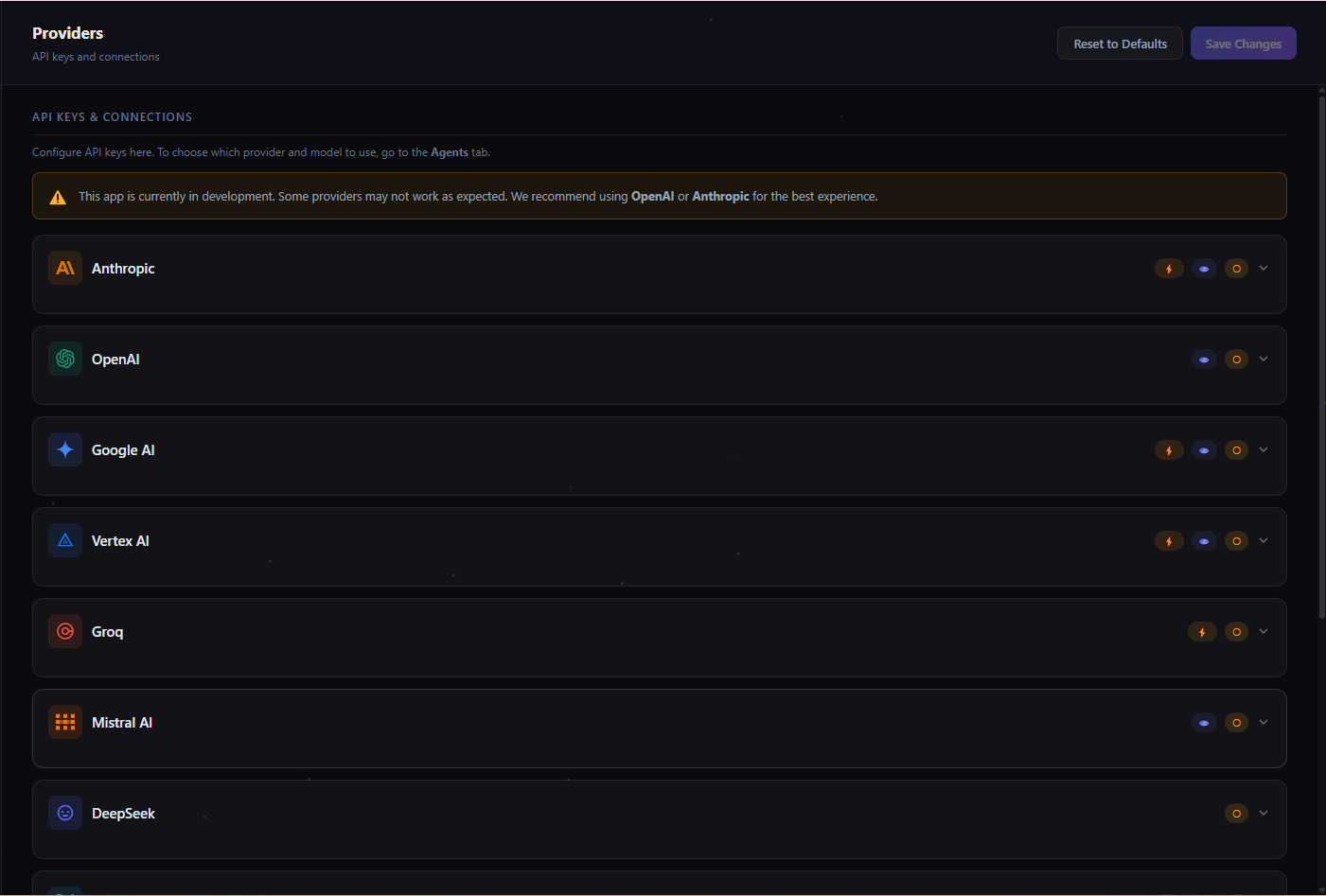 Providers settings