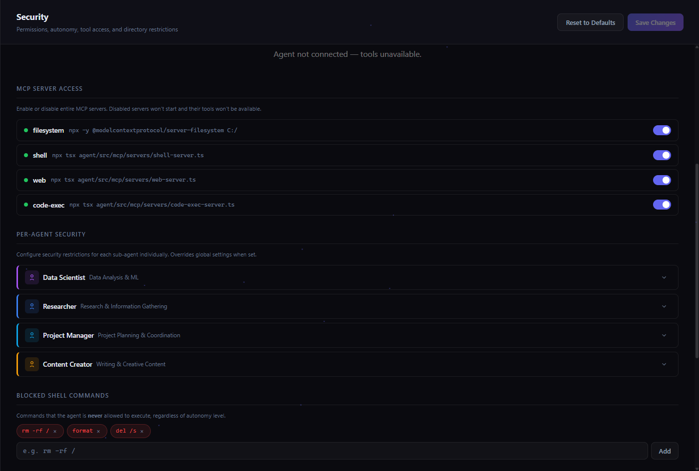 Security settings - MCP and per-agent