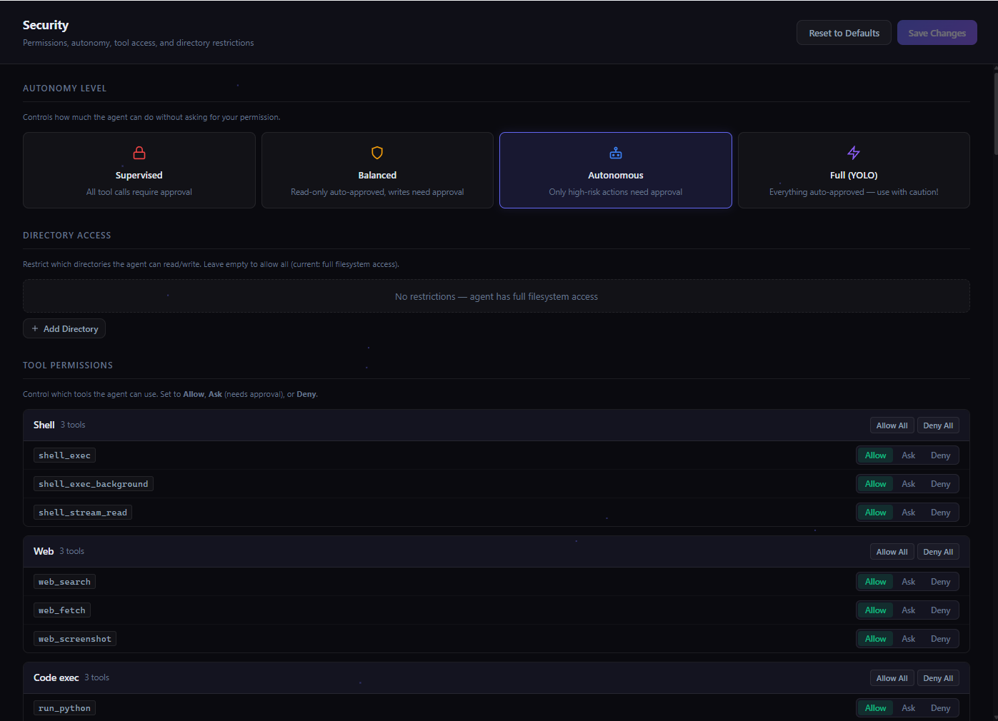 Security settings - autonomy levels