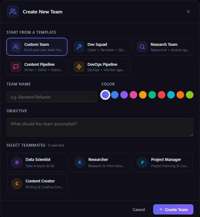Create new team modal